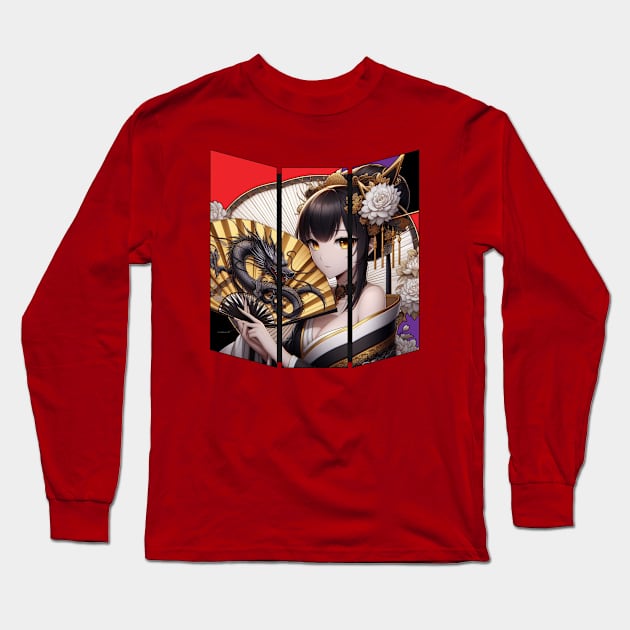 Geisha Dragon Lady Long Sleeve T-Shirt by PlayfulPandaDesigns